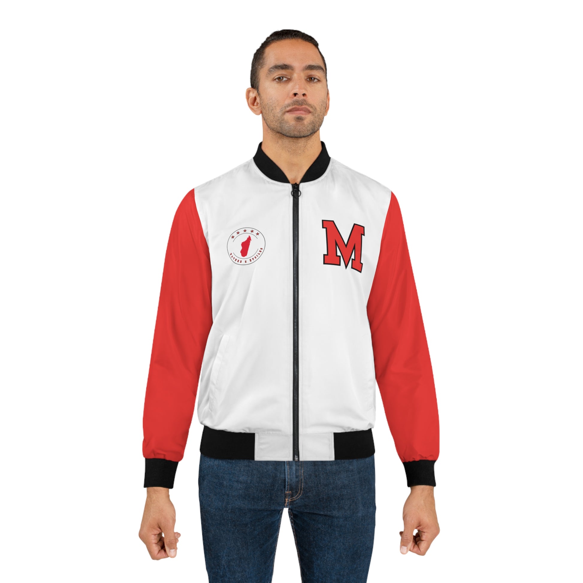 Veste Bomber pour hommes - Blanche avec Manches Rouges - Madagascar Creations