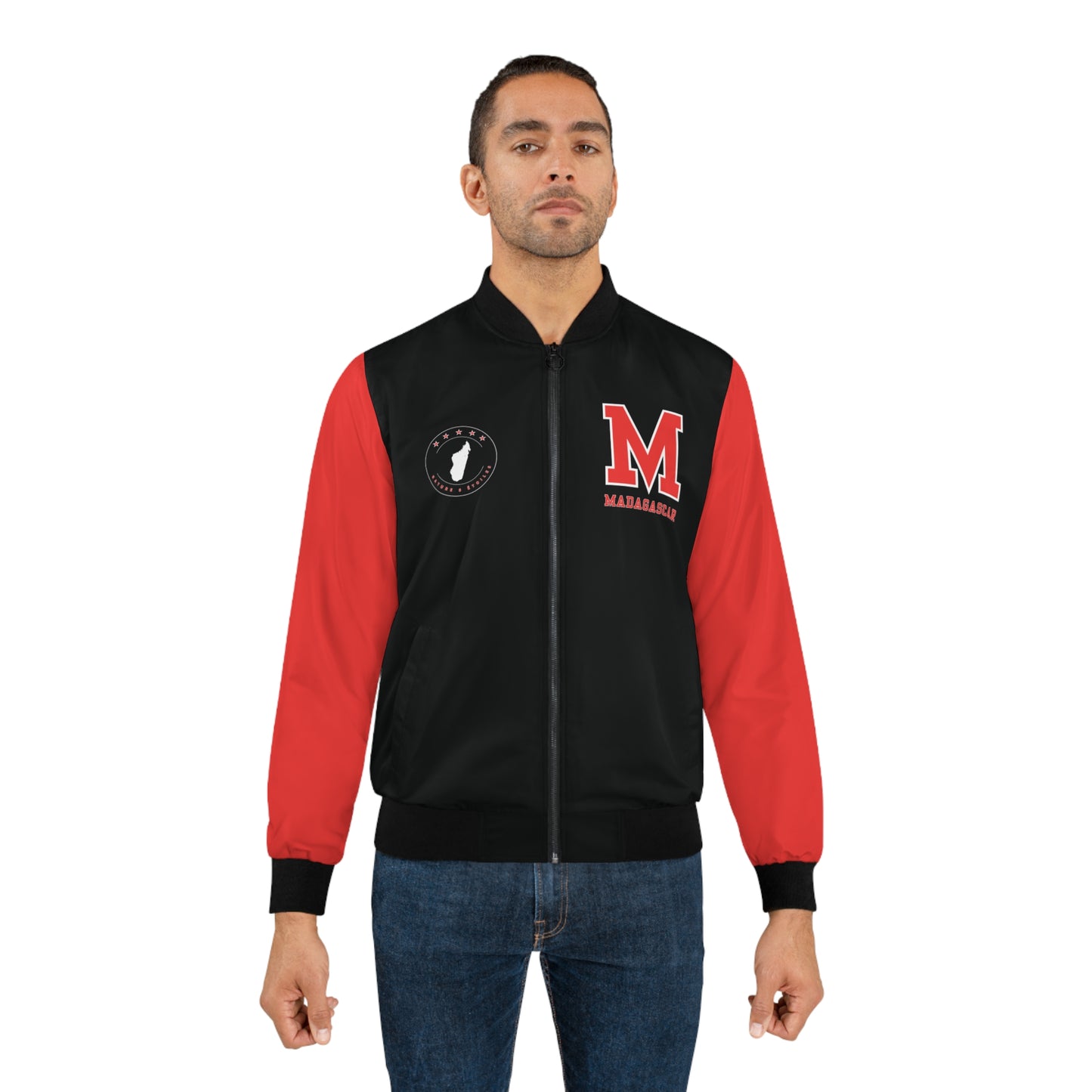 Veste Bomber pour hommes - Noire avec Manches Rouges - Madagascar Creations