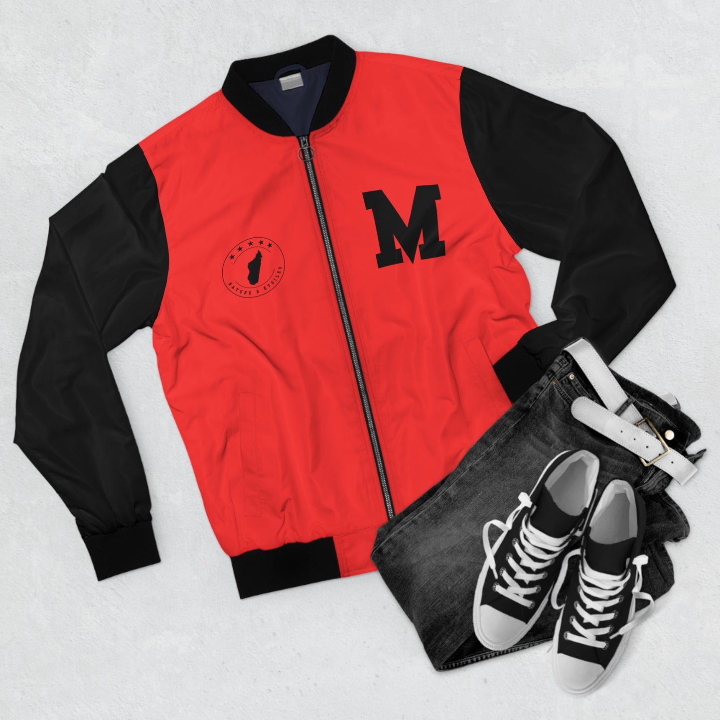 Veste Bomber pour hommes - Rouge avec Manches Noires - Madagascar Creations