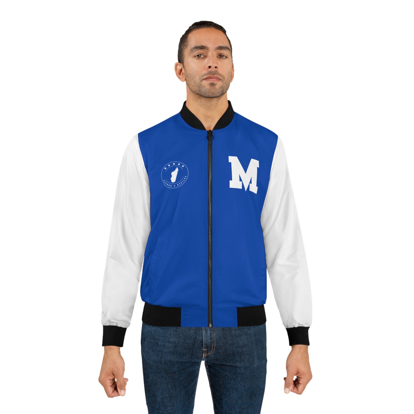 Veste Bomber pour hommes - Bleue avec Manches Blanches - Madagascar Creations